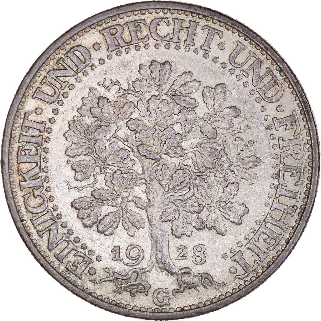Coin, GERMANY, WEIMAR REPUBLIC, 5 Mark, 1928, Karlsruhe, AU(50-53), Silver