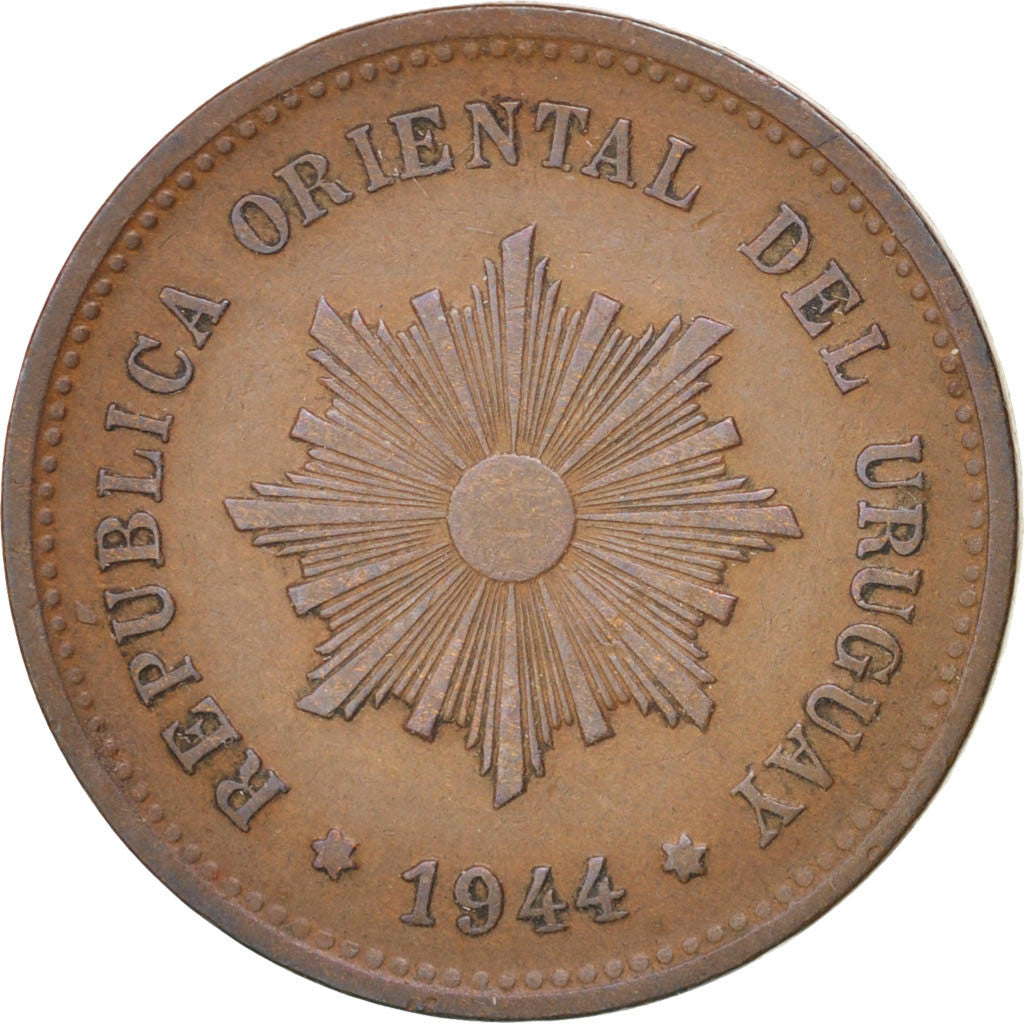 Uruguay, 5 Centesimos, 1944, Santiago, KM:21a, AU(50-53), Copper