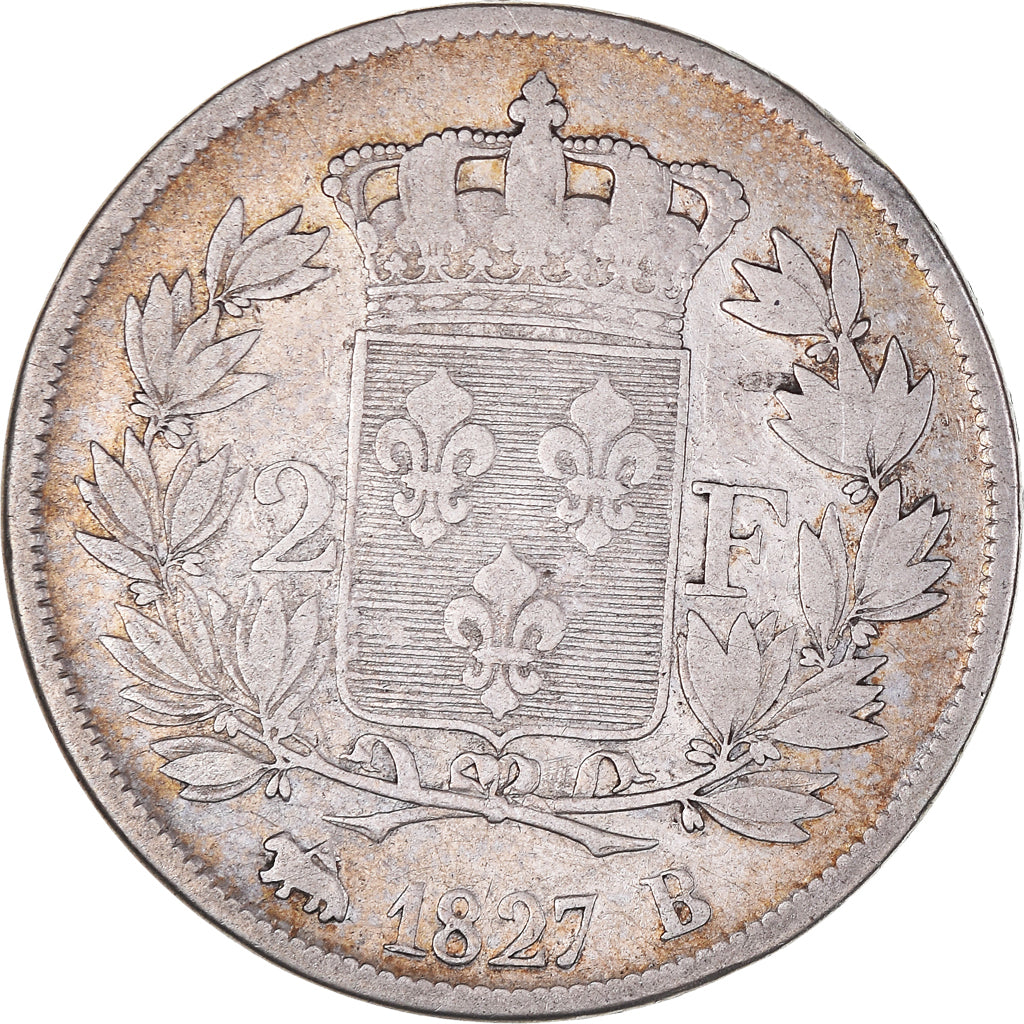 Moneda, Francia, Charles X, 2 Francs, 1827, Rouen, BC+, Plata, KM:725.2