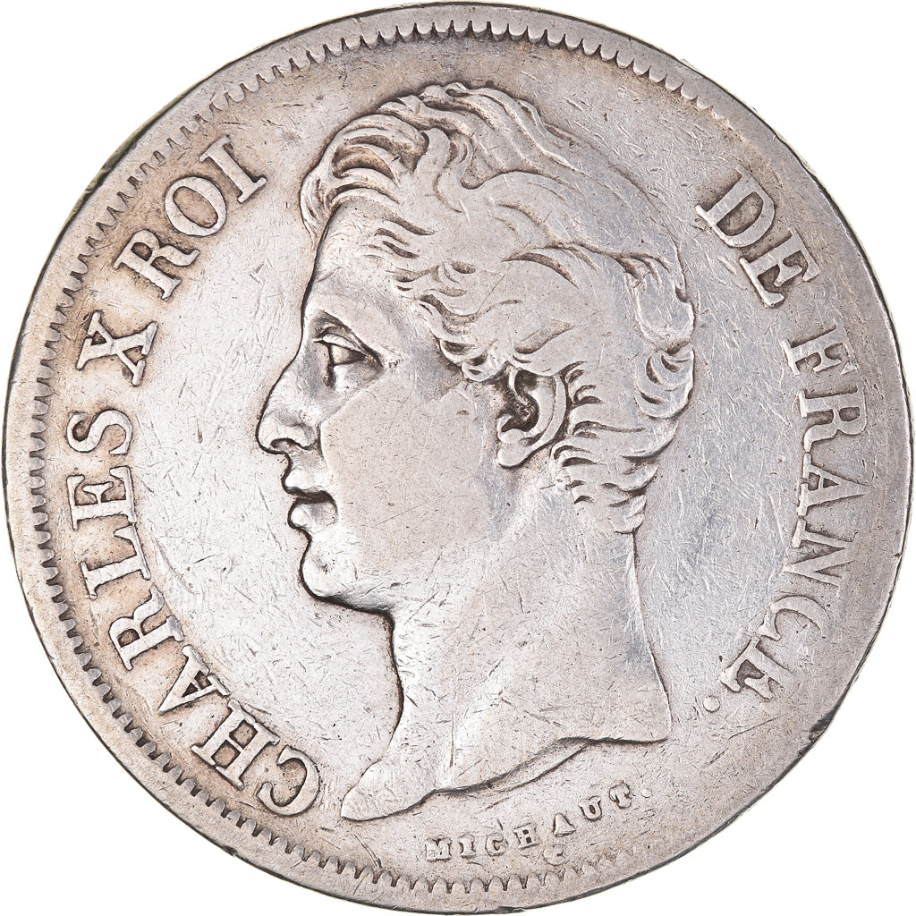 Moneda, Francia, Charles X, 5 Francs, 1827, Lyon, BC+, Plata, KM:728.4