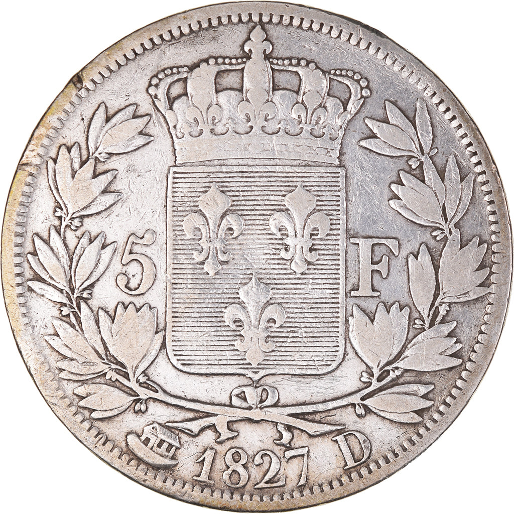 Moneda, Francia, Charles X, 5 Francs, 1827, Lyon, BC+, Plata, KM:728.4