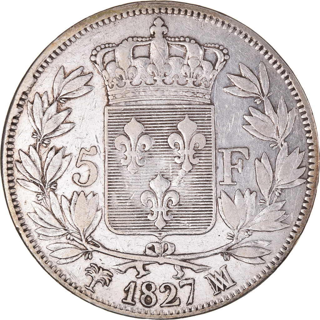 Coin, France, Charles X, 5 Francs, 1827, Marseille, VF(30-35), Silver