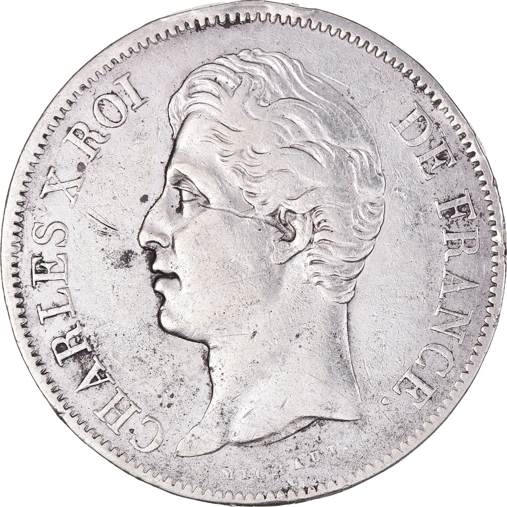 Moeda, França, Charles X, 5 Francs, 1827, Bayonne, VF(20-25), Prata, KM:728.8