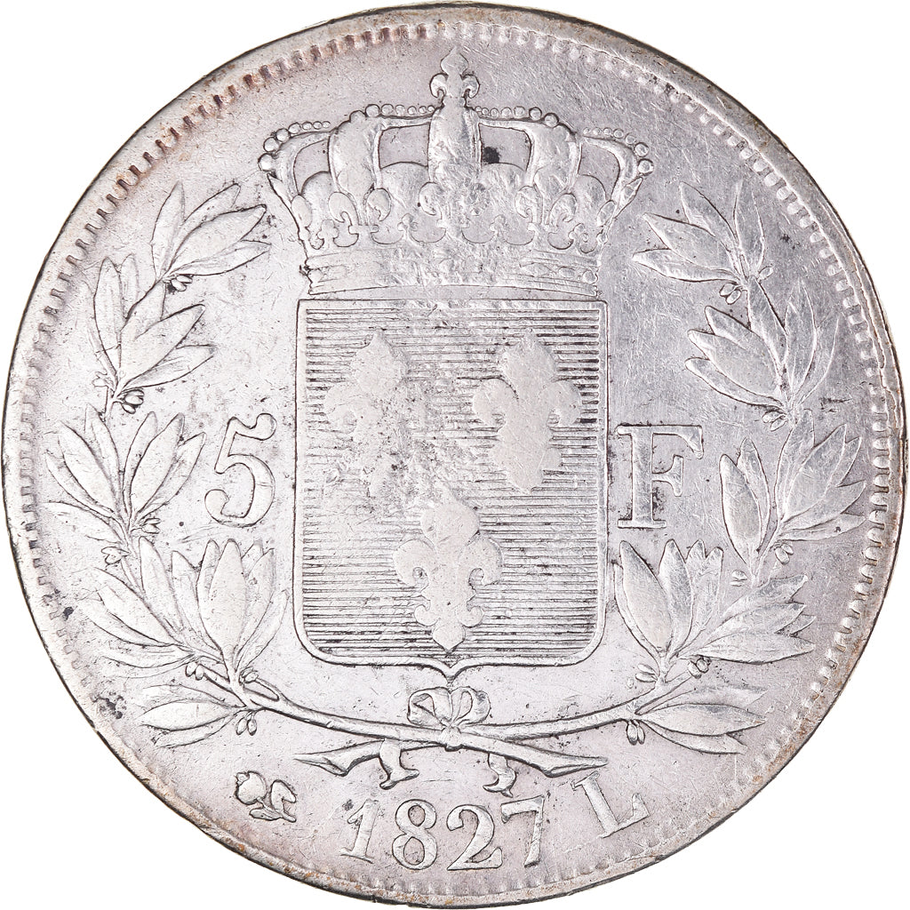 Moeda, França, Charles X, 5 Francs, 1827, Bayonne, VF(20-25), Prata, KM:728.8