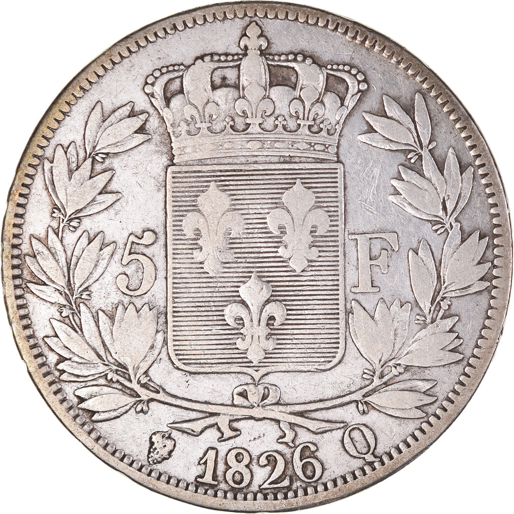 Moeda, França, Charles X, 5 Francs, 1826, Perpignan, VF(30-35), Prata