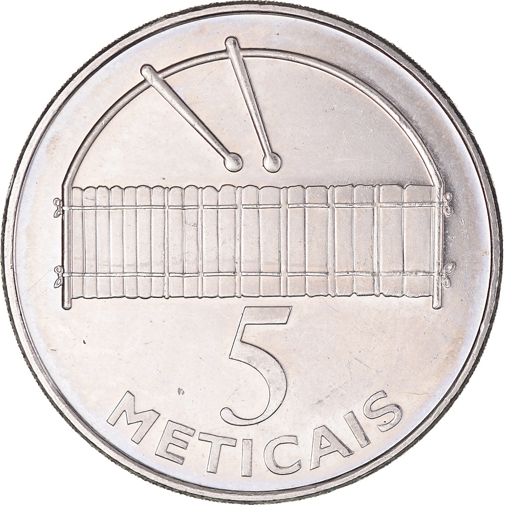 Moneta, Mozambico, 5 Meticais, 2006, BB+, Acciaio placcato nichel, KM:139