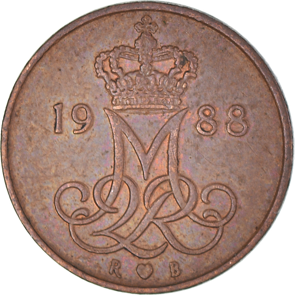 Moeda, Dinamarca, Margrethe II, 5 Öre, 1988, Copenhagen, EF(40-45), Ferro