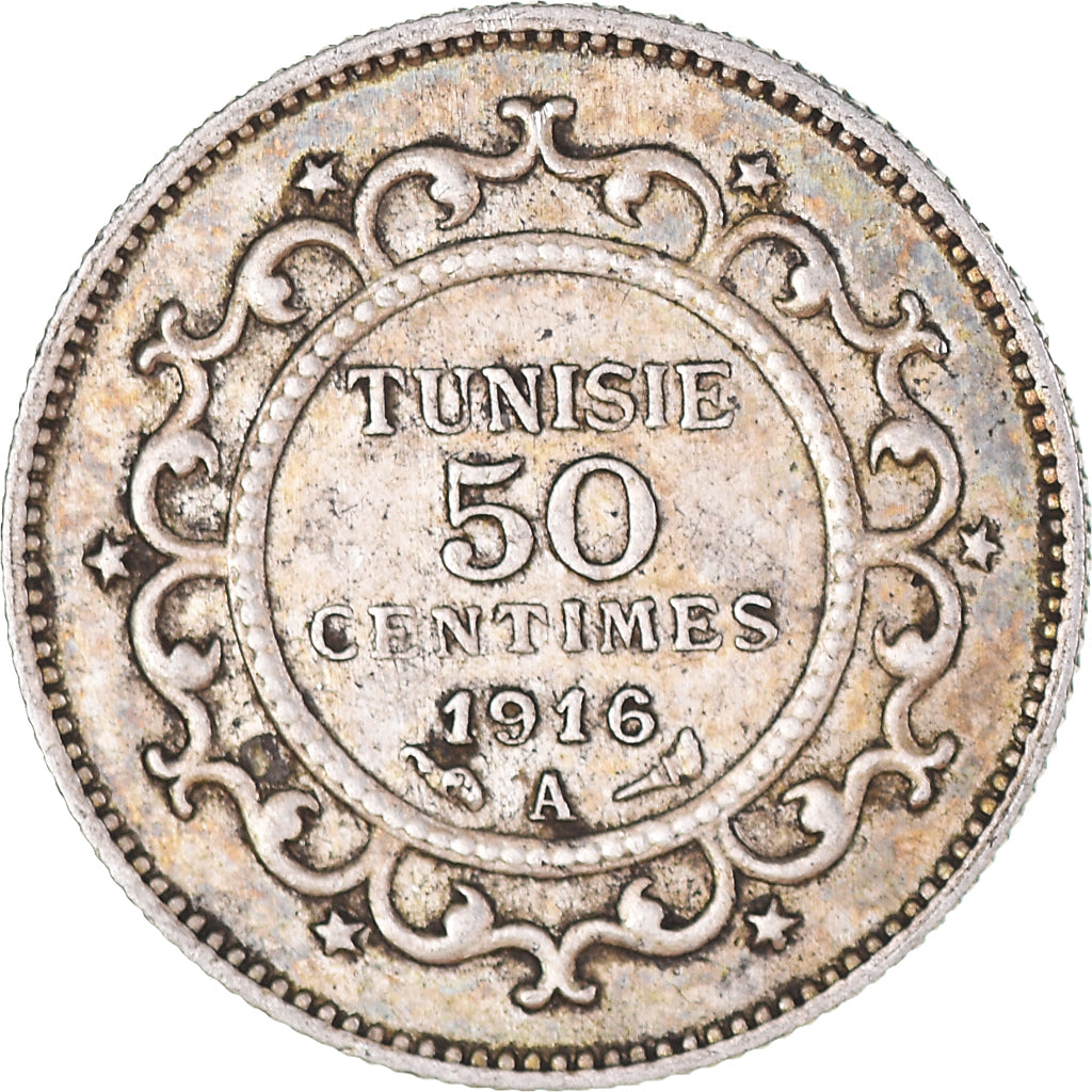 Monnaie, Tunisie, Muhammad al-Nasir Bey, 50 Centimes, 1916, Paris, TTB, Argent