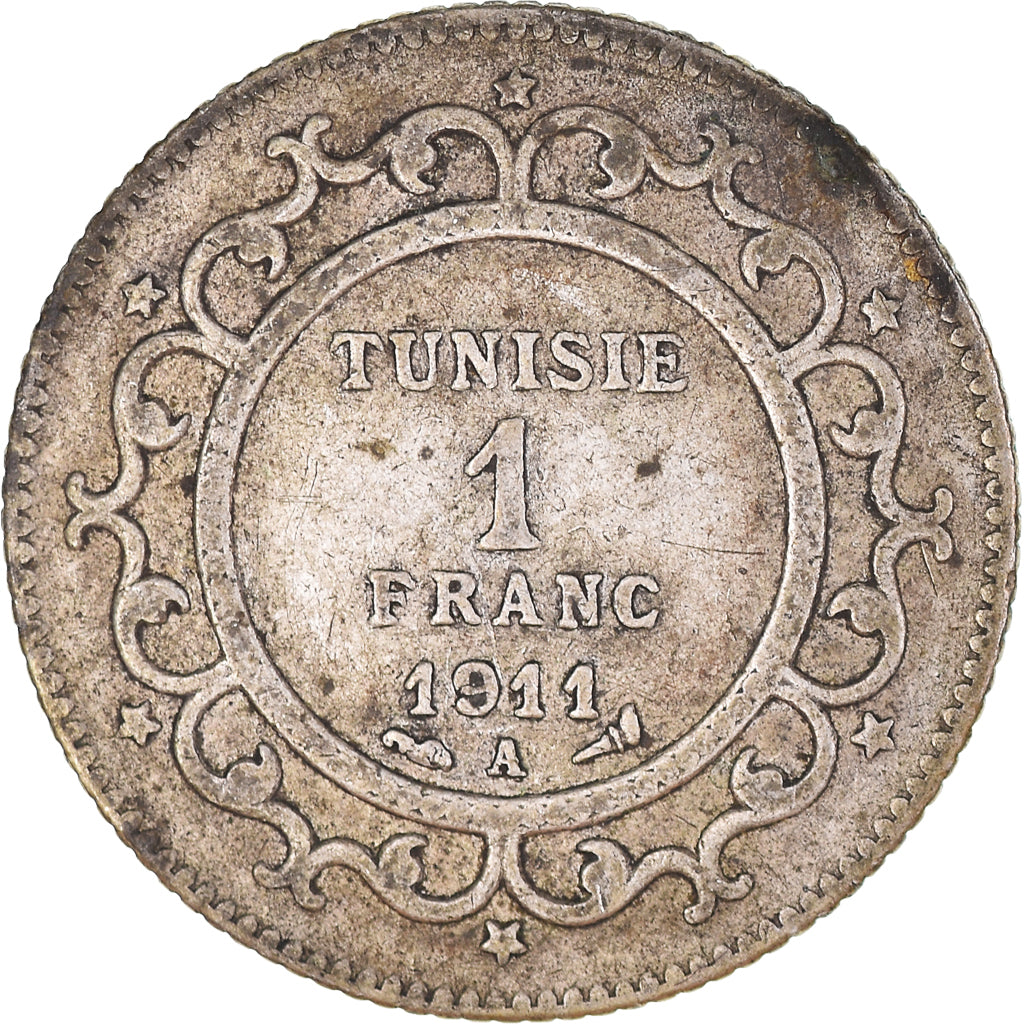 Moneta, Tunisia, Muhammad al-Nasir Bey, Franc, 1911, Paris, VF(30-35), Srebro