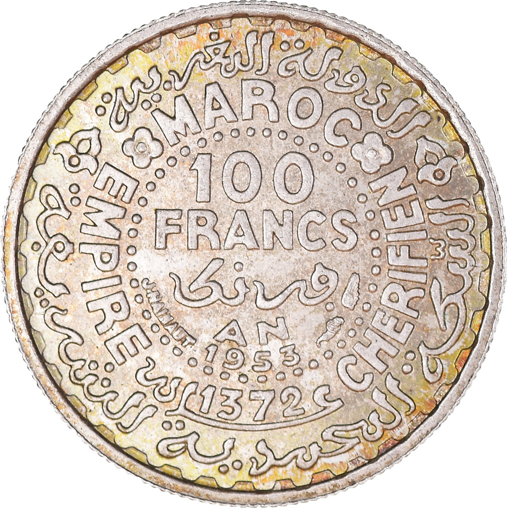 Moneta, Marocco, Mohammed V, 100 Francs, 1953, Paris, SPL+, Argento, KM:52
