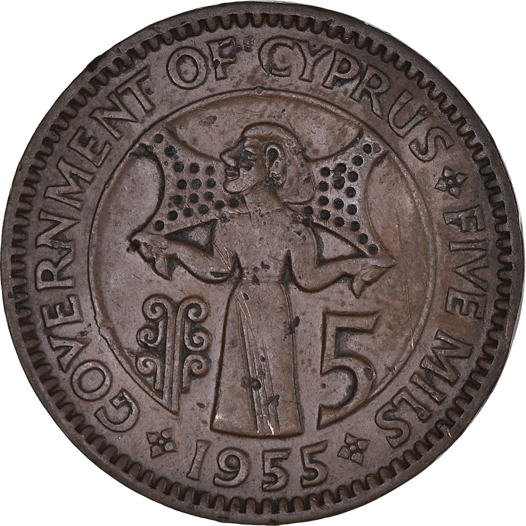 Moneta, Cypr, 5 Mils, 1955, VF(20-25), Brązowy, KM:34