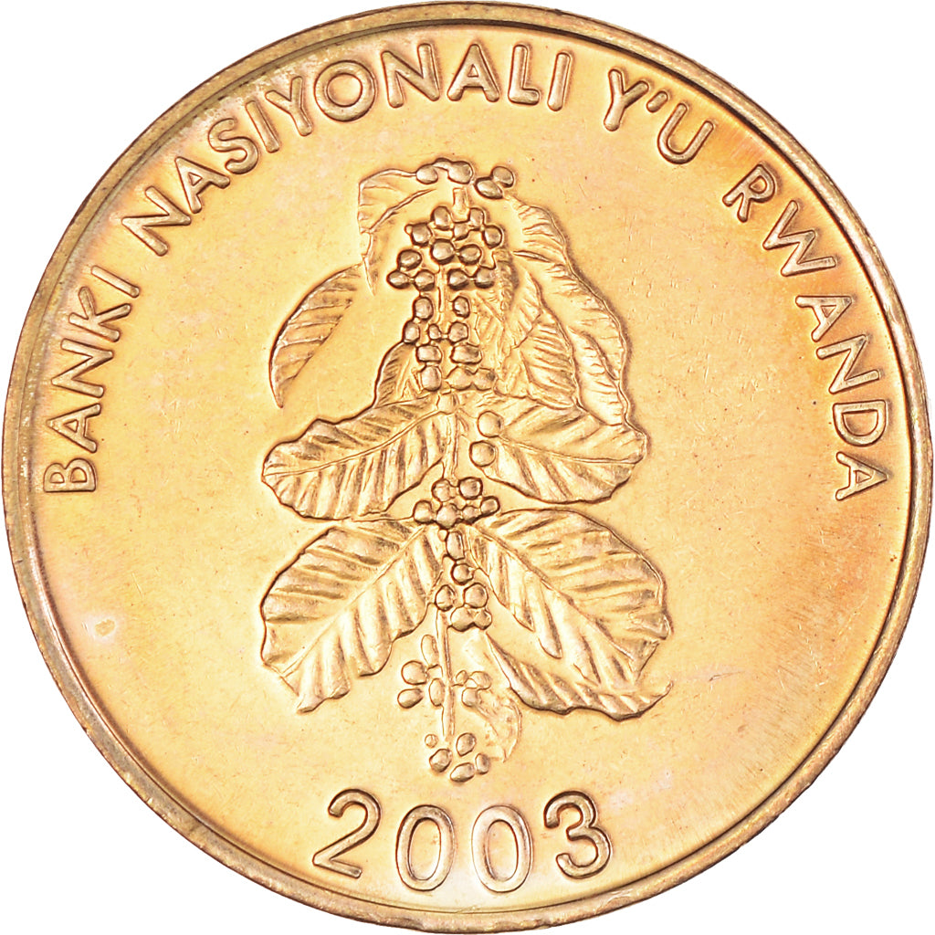 Moneta, Ruanda, 5 Francs, 2003, AU(50-53), Mosiądz platerowany stalą, KM:23