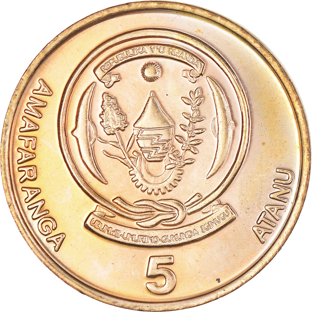 Moneta, Ruanda, 5 Francs, 2003, AU(50-53), Mosiądz platerowany stalą, KM:23