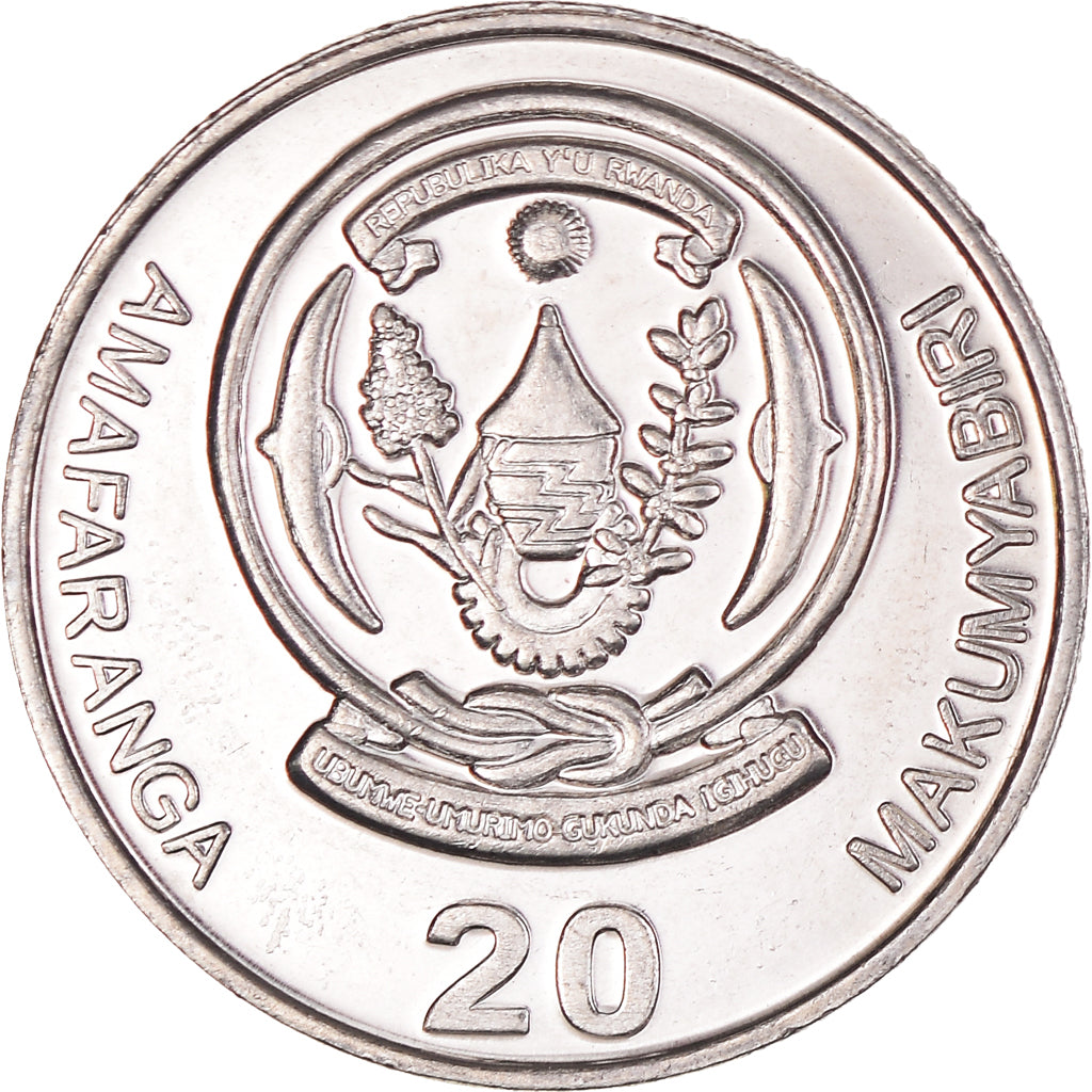 Coin, Rwanda, 20 Francs, 2003, AU(55-58), Nickel plated steel, KM:25