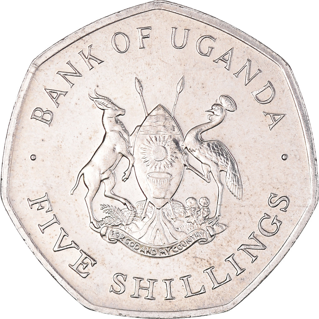 Moeda, Uganda, 5 Shillings, 1987, AU(50-53), Aço Niquelado, KM:29