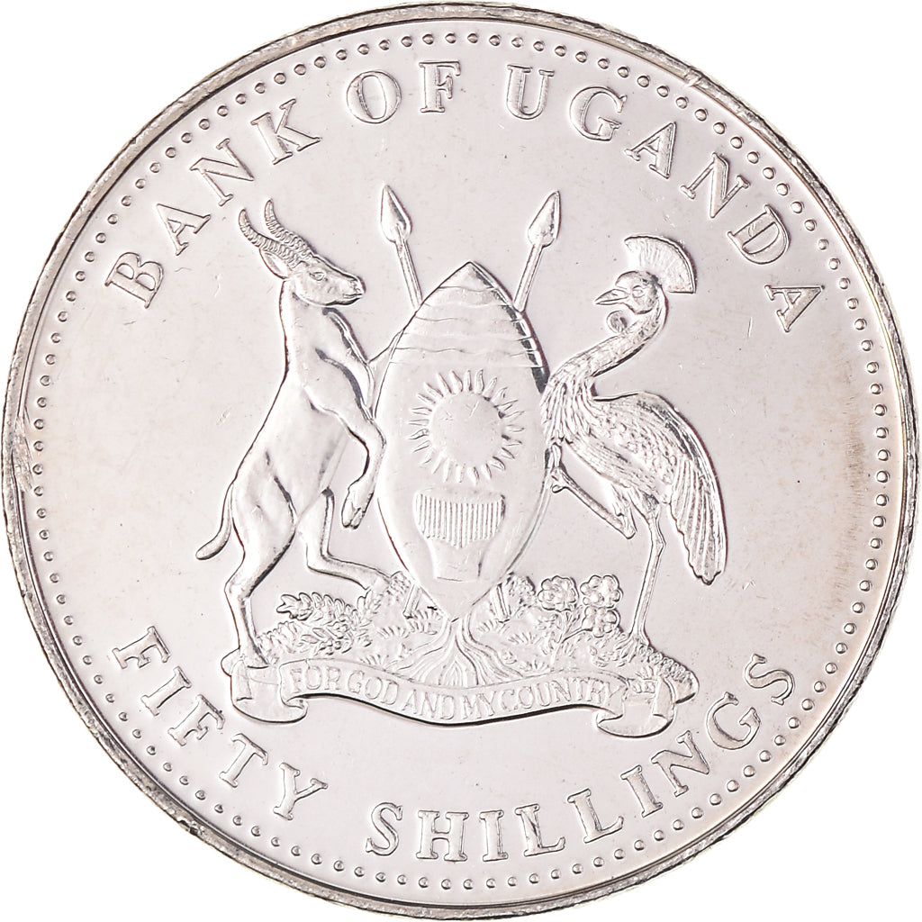 Moneta, Uganda, 50 Shillings, 1998, Royal Canadian Mint, SPL, Acciaio placcato