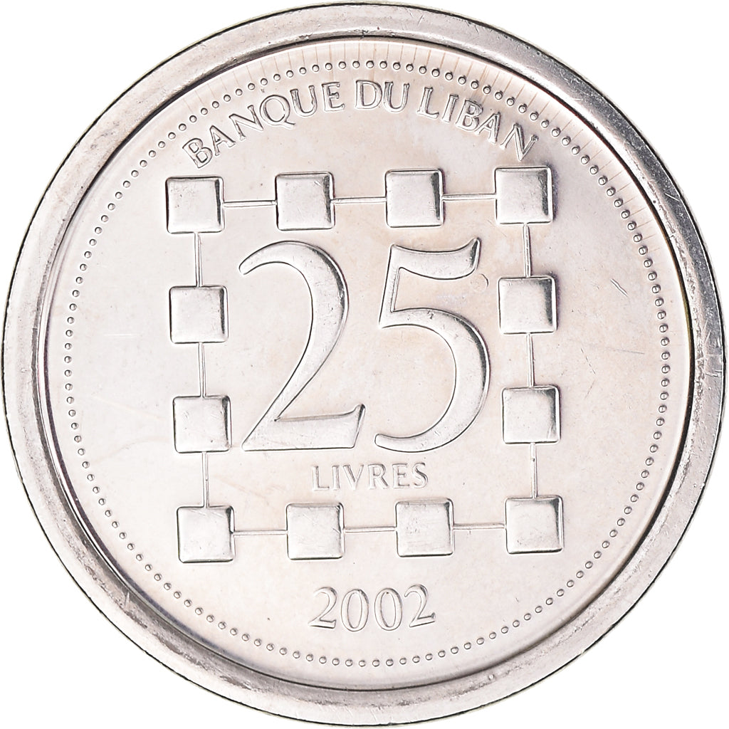 Coin, Lebanon, 25 Livres, 2002, AU(55-58), Nickel plated steel, KM:40