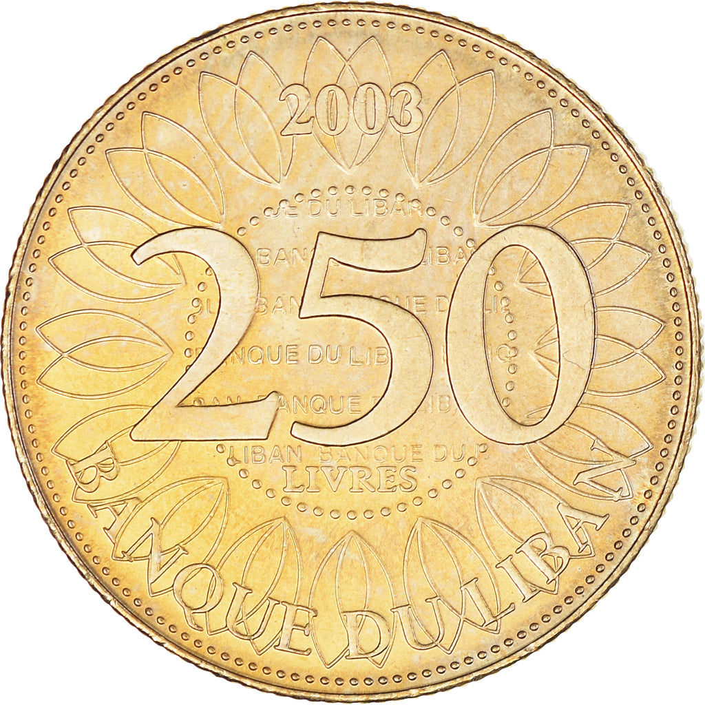 Moneda, Líbano, 250 Livres, 2003, EBC+, Aluminio - bronce, KM:36