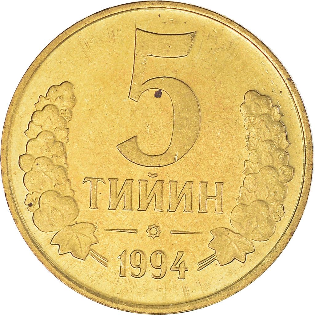 Moneta, Uzbekistan, 5 Tiyin, 1994, BB, Acciaio placcato ottone, KM:3.2