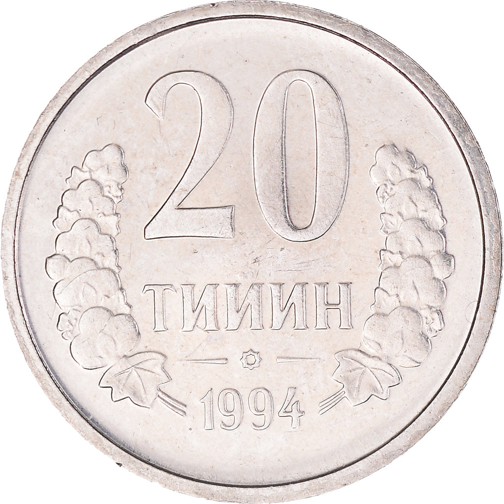 Moneda, Uzbekistán, 20 Tiyin, 1994, MBC+, Níquel recubierto de acero, KM:5.1