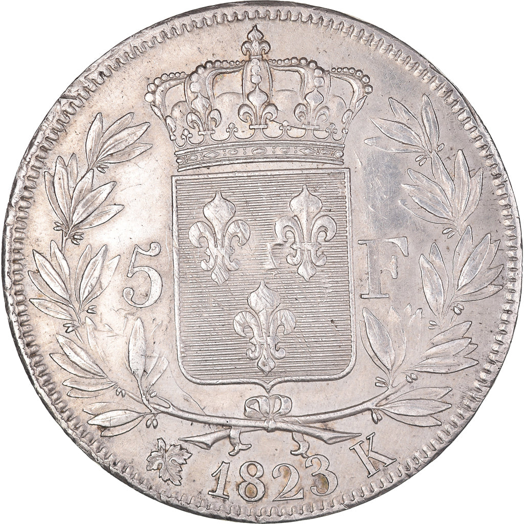 Munten, Frankrijk, Louis XVIII, 5 Francs, 1823, Bordeaux, ZF+, Zilver, KM:711.7