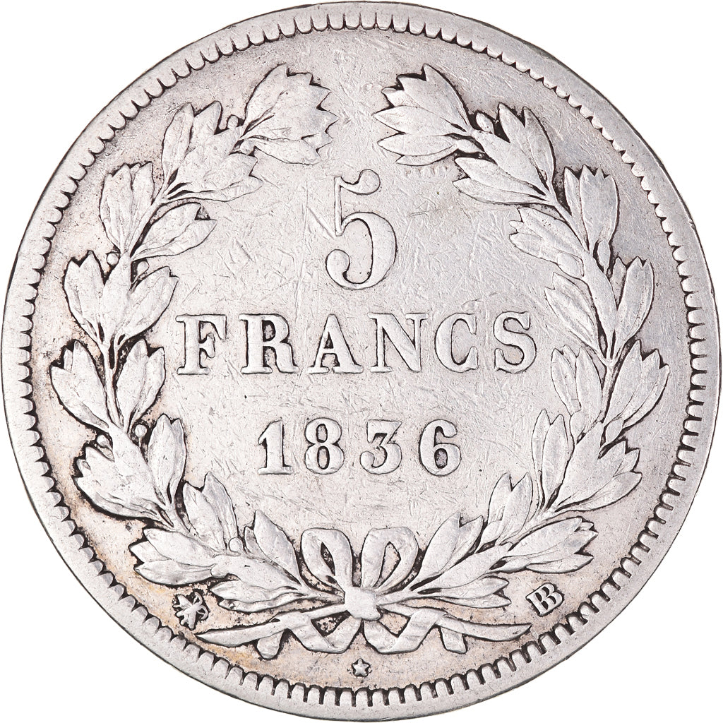 Monnaie, France, Louis-Philippe, 5 Francs, 1836, Strasbourg, TB+, Argent