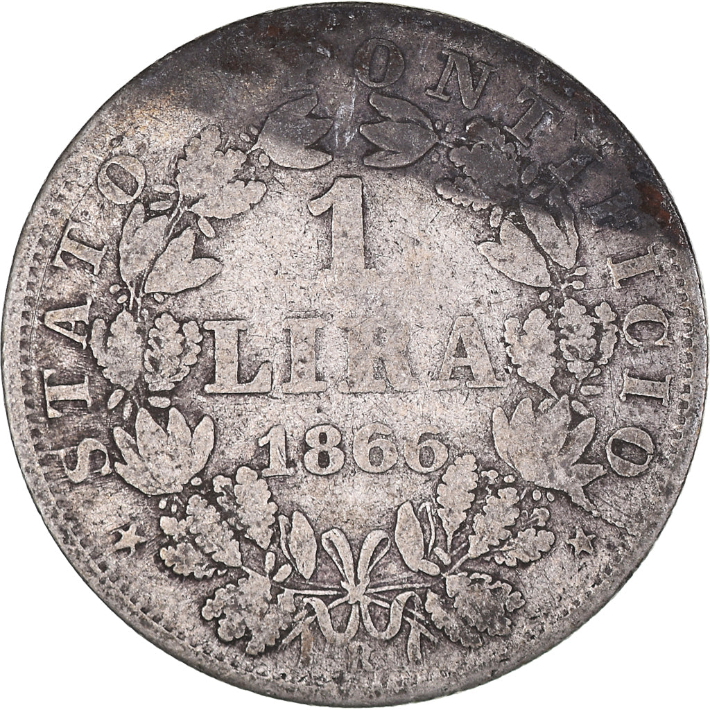 Moeda, ESTADOS ITALIANOS, PAPAL STATES, Pius IX, Lira, 1866, Roma, VF(20-25)