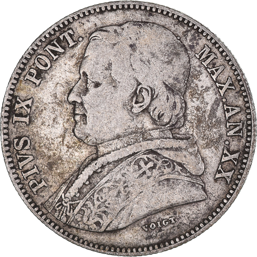 Moneda, Estados italianos, PAPAL STATES, Pius IX, 20 Baiocchi, 1865, Rome, BC+