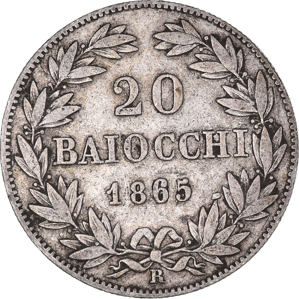 Moneda, Estados italianos, PAPAL STATES, Pius IX, 20 Baiocchi, 1865, Rome, BC+