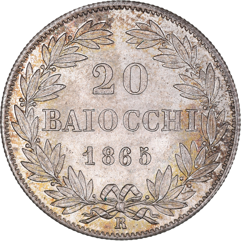 Moneta, DEPARTAMENTY WŁOSKIE, PAPAL STATES, Pius IX, 20 Baiocchi, 1865, Rome