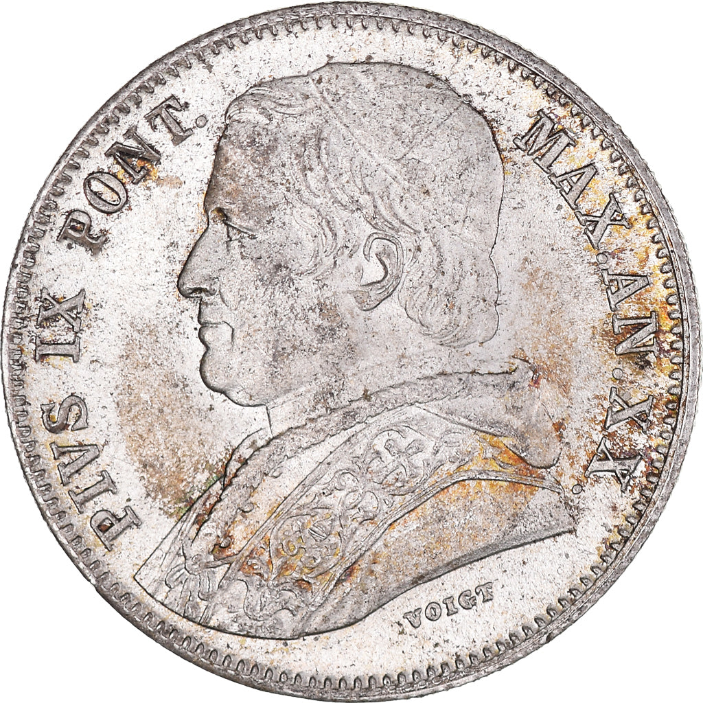 Moneta, DEPARTAMENTY WŁOSKIE, PAPAL STATES, Pius IX, 20 Baiocchi, 1865, Rome