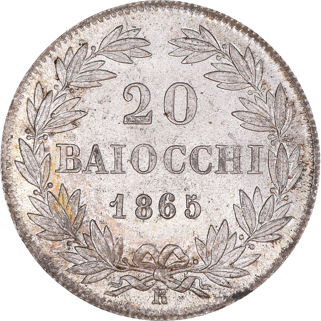 Moneta, DEPARTAMENTY WŁOSKIE, PAPAL STATES, Pius IX, 20 Baiocchi, 1865, Rome