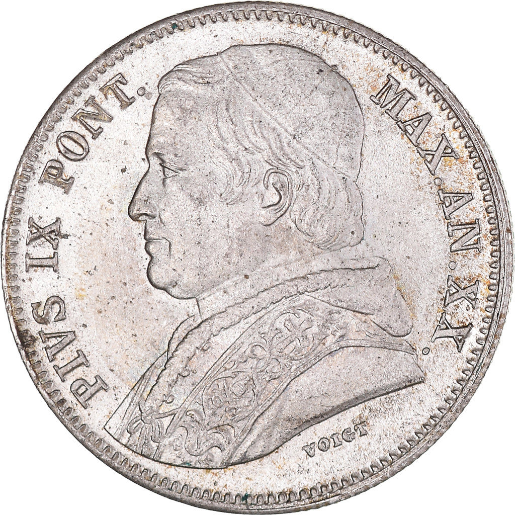Moneta, STATI ITALIANI, PAPAL STATES, Pius IX, 20 Baiocchi, 1865, Rome, SPL