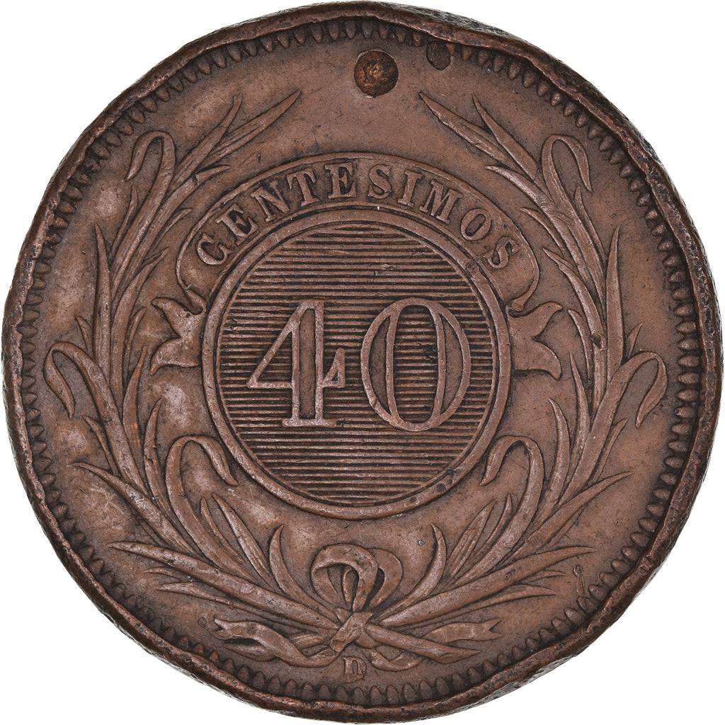 Coin, Uruguay, 40 Centesimos, 1857, Lyon, France, VF(30-35), Copper, KM:10