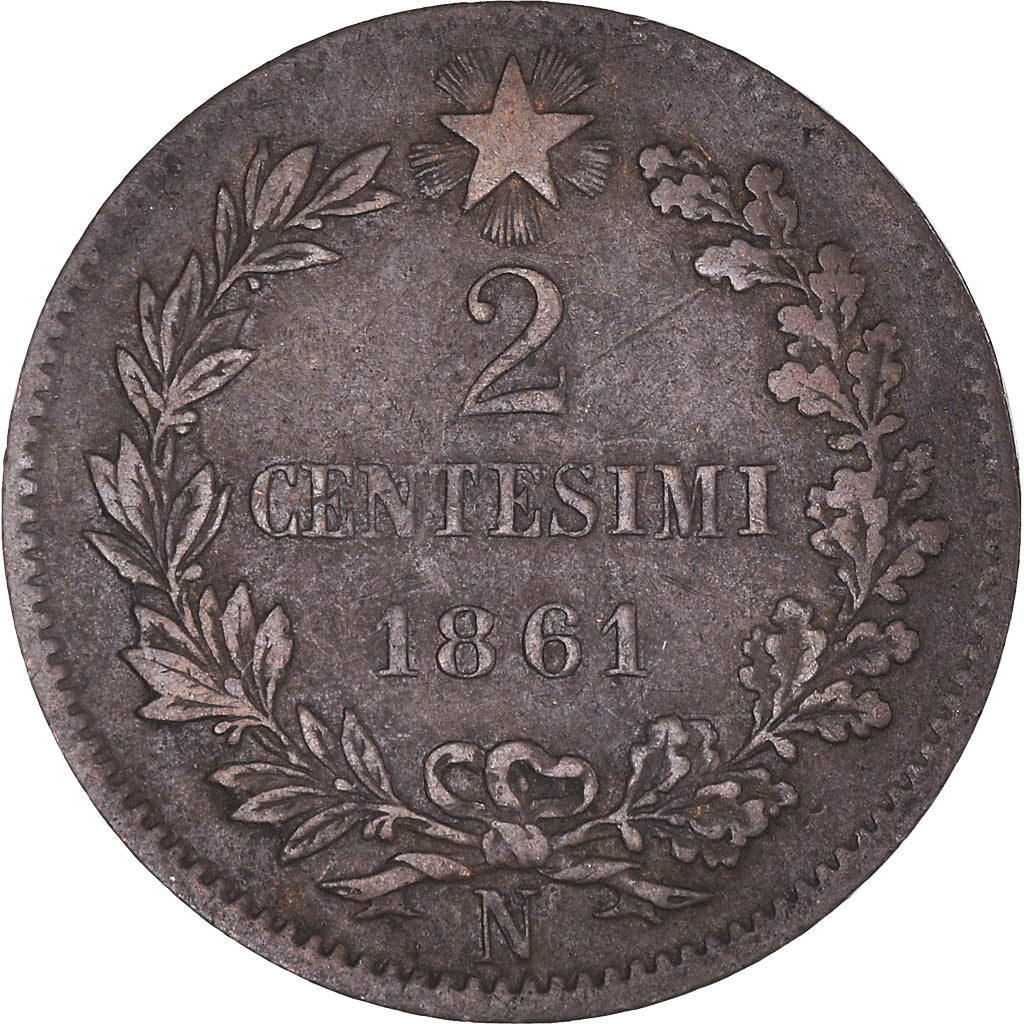 Monnaie, Italie, Vittorio Emanuele II, 2 Centesimi, 1861, Naples, TB+, Cuivre