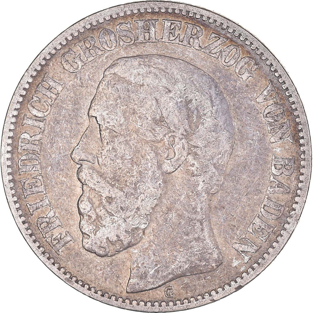 Coin, German States, BADEN, Friedrich I, 2 Mark, 1877, Stuttgart, VF(20-25)
