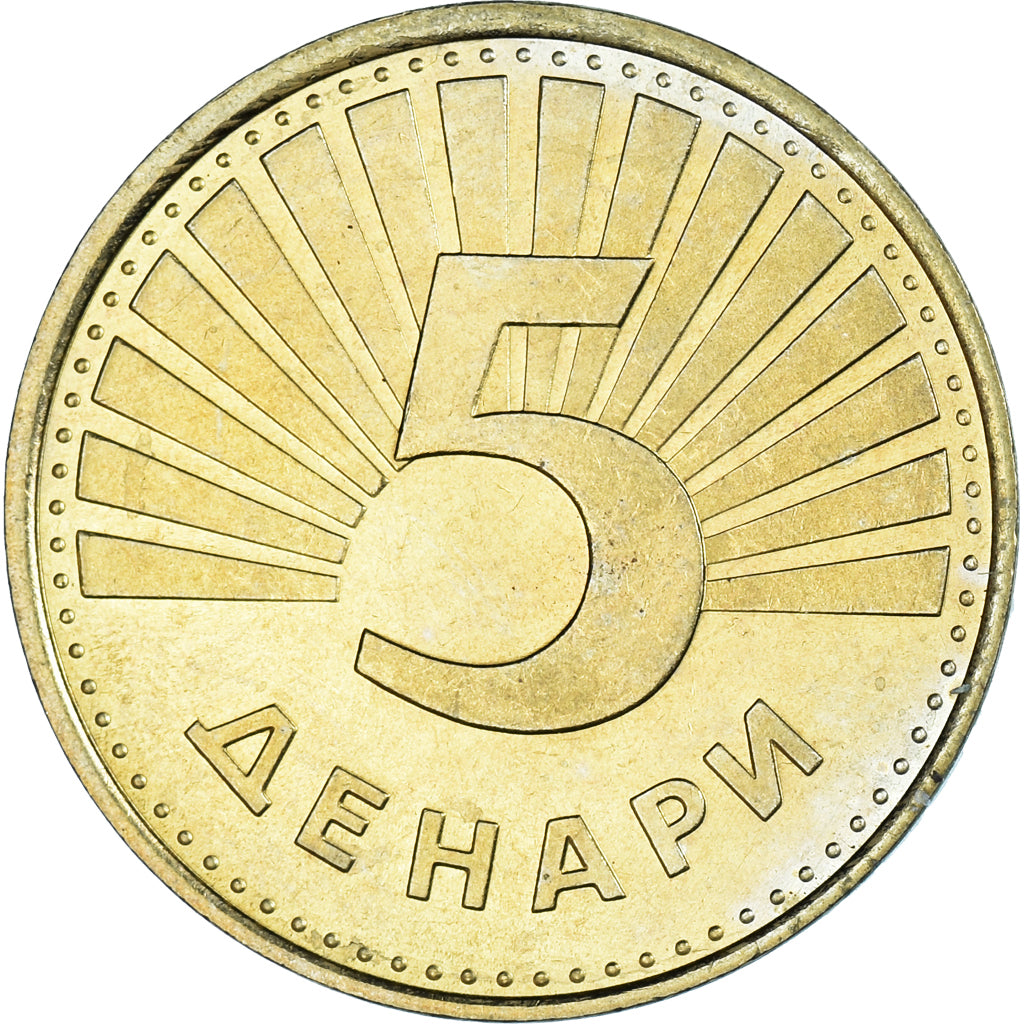 Coin, Macedonia, 5 Denari, 1993, AU(55-58), Brass, KM:4