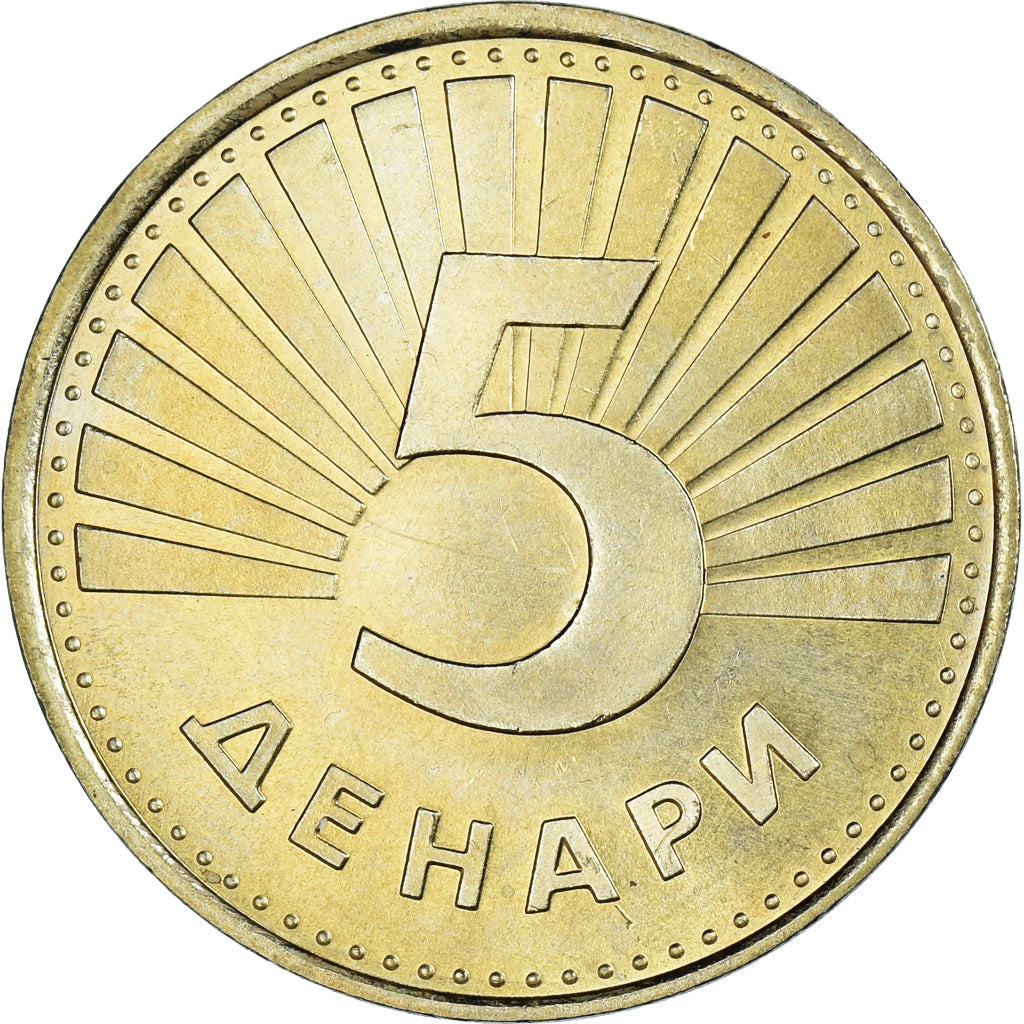 Moeda, Macedónia, 5 Denari, 1993, MS(60-62), Latão, KM:4