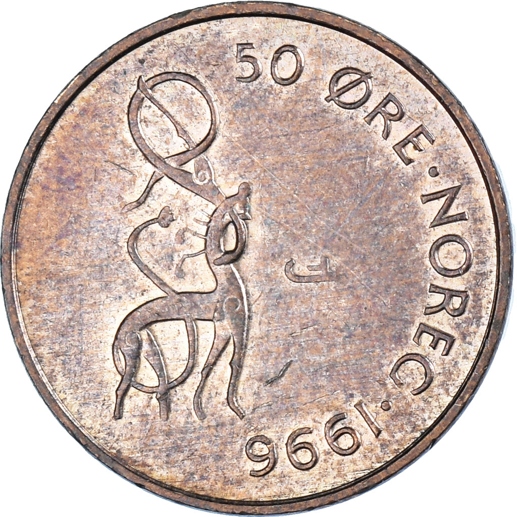 Moneda, Noruega, Harald V, 50 Öre, 1996, MBC+, Bronce, KM:460