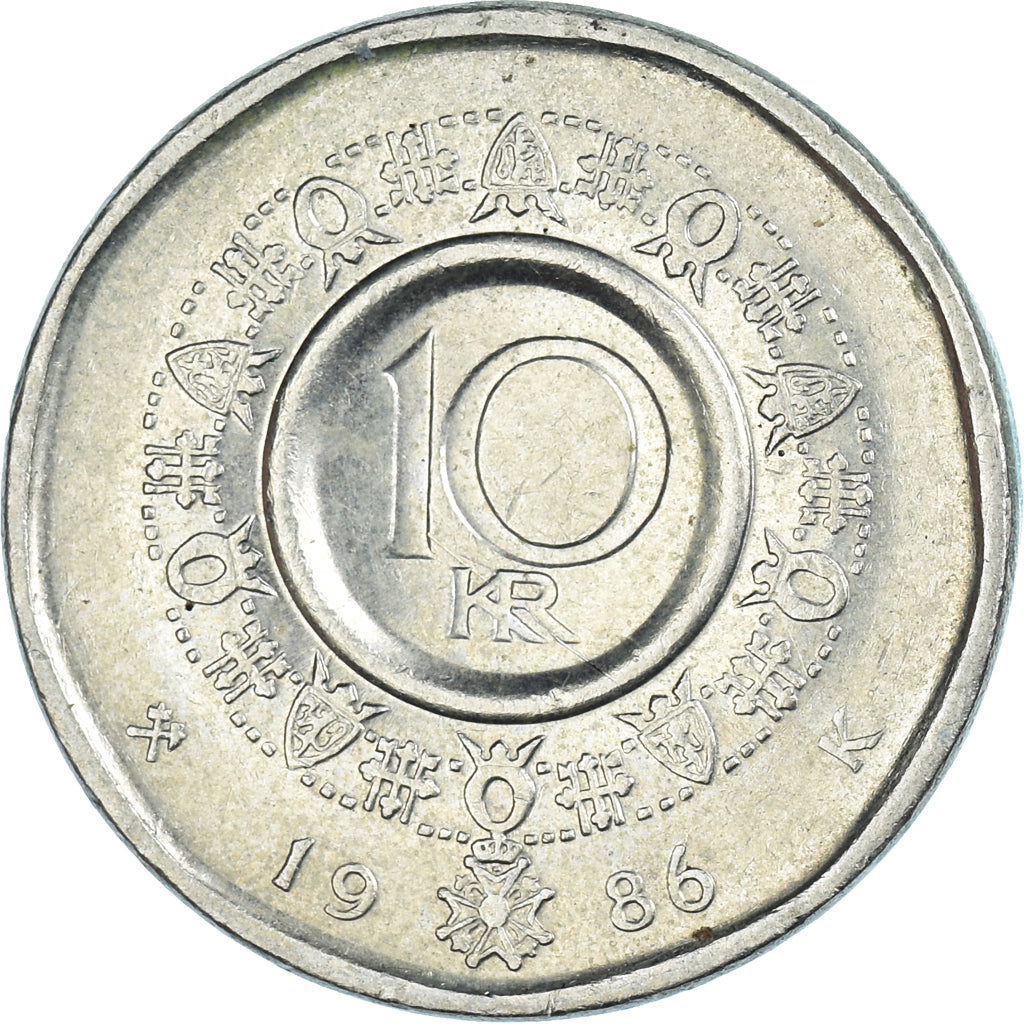 Coin, Norway, Olav V, 10 Kroner, 1986, AU(50-53), Nickel-brass, KM:427