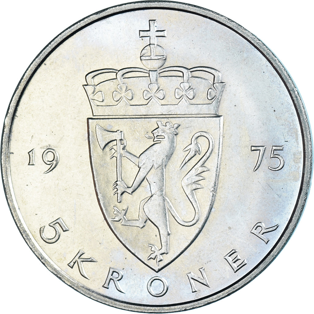 Coin, Norway, Olav V, 5 Kroner, 1975, MS(63), Copper-nickel, KM:420