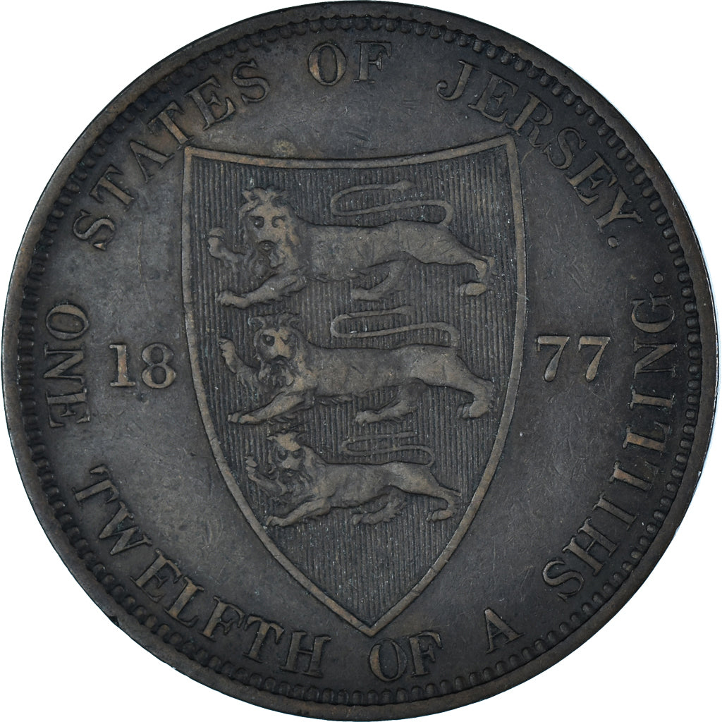 Coin, Jersey, Victoria, 1/12 Shilling, 1877, Heaton, EF(40-45), Bronze, KM:8