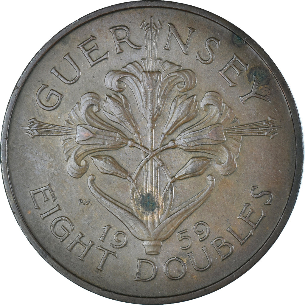 Coin, Guernsey, Elizabeth II, 8 Doubles, 1959, AU(50-53), Bronze, KM:16