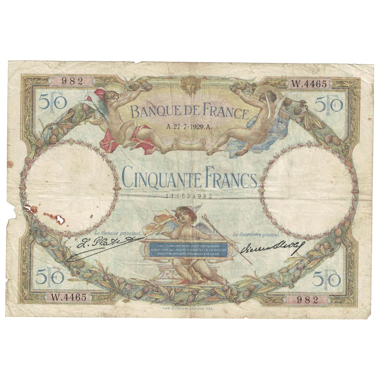 Frankrijk, 50 Francs, Luc Olivier Merson, 1929, 1929-07-27, TB, Fayette:15.3