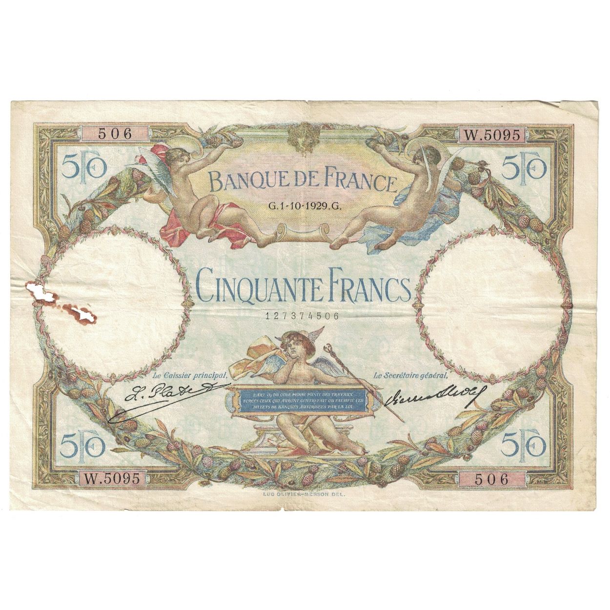 Francja, 50 Francs, Luc Olivier Merson, 1929, 1929-10-01, VF(30-35)