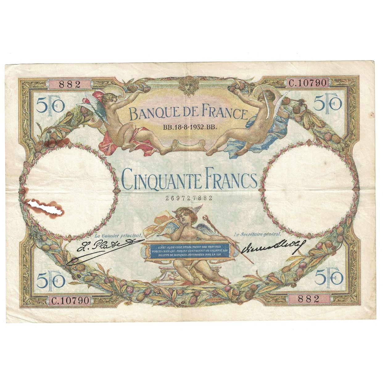Frankrijk, 50 Francs, Luc Olivier Merson, 1932, 1932-08-18, TB+, Fayette:16.3