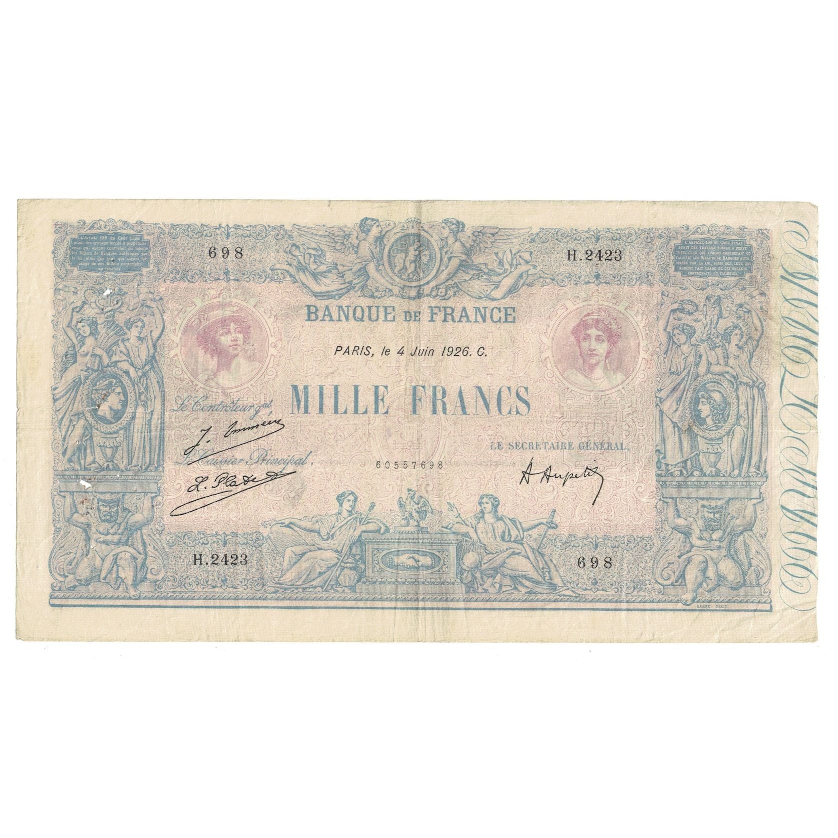 Francia, 1000 Francs, Bleu et Rose, 1926, 1926-06-04, BC+, Fayette:36.42, KM:67j
