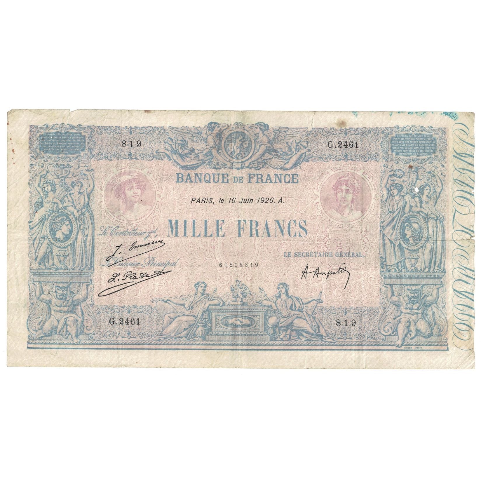 Frankreich, 1000 Francs, Bleu et Rose, 1926, 1926-06-16, S+, Fayette:36.42