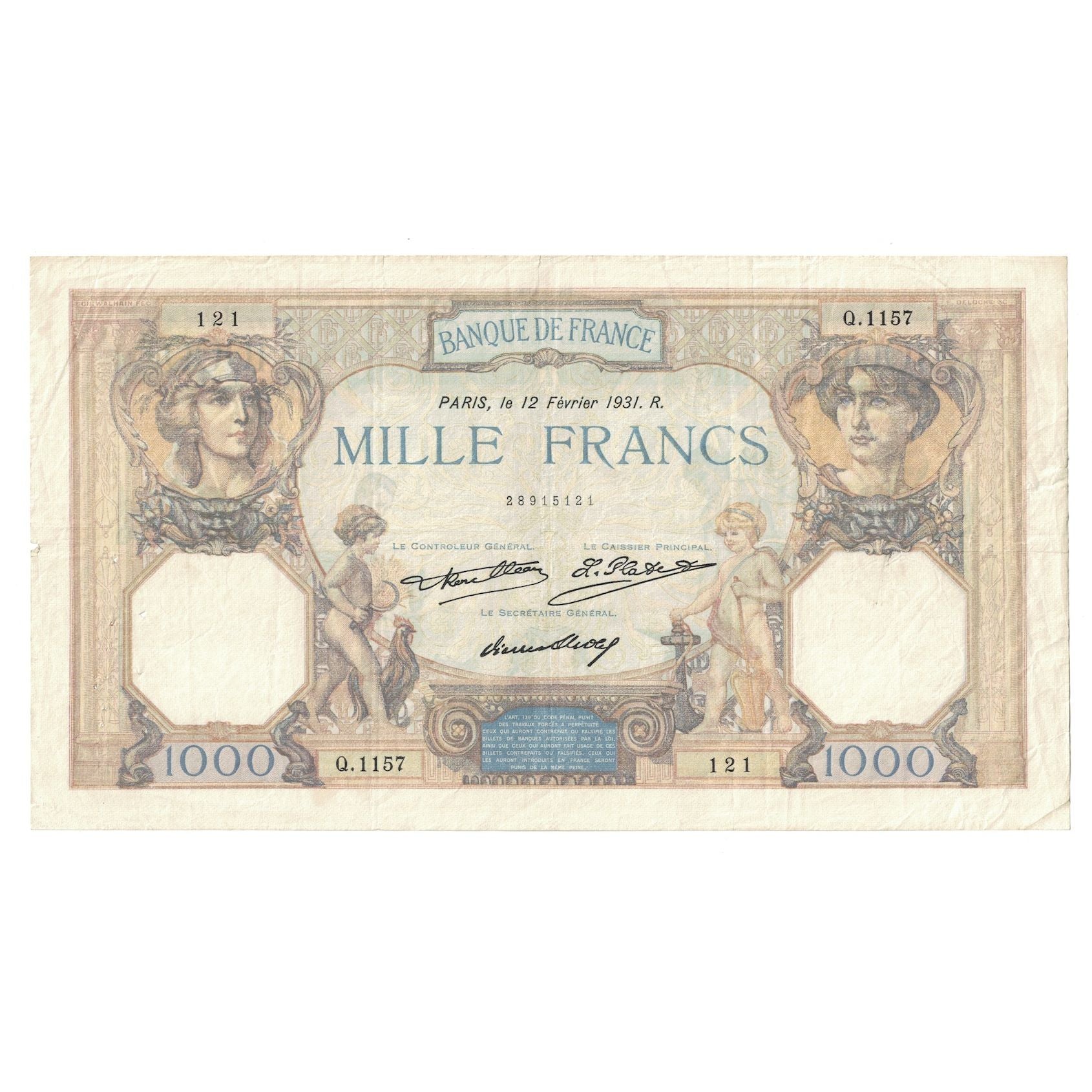 France, 1000 Francs, Cérès et Mercure, 1931, 1931-02-12, EF(40-45)