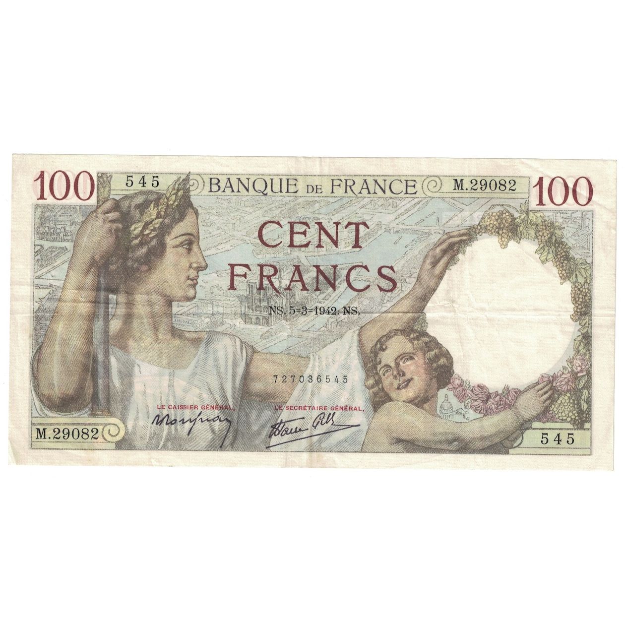 France, 100 Francs, Sully, 1942, M.290, EF(40-45), Fayette:26.67, KM:94